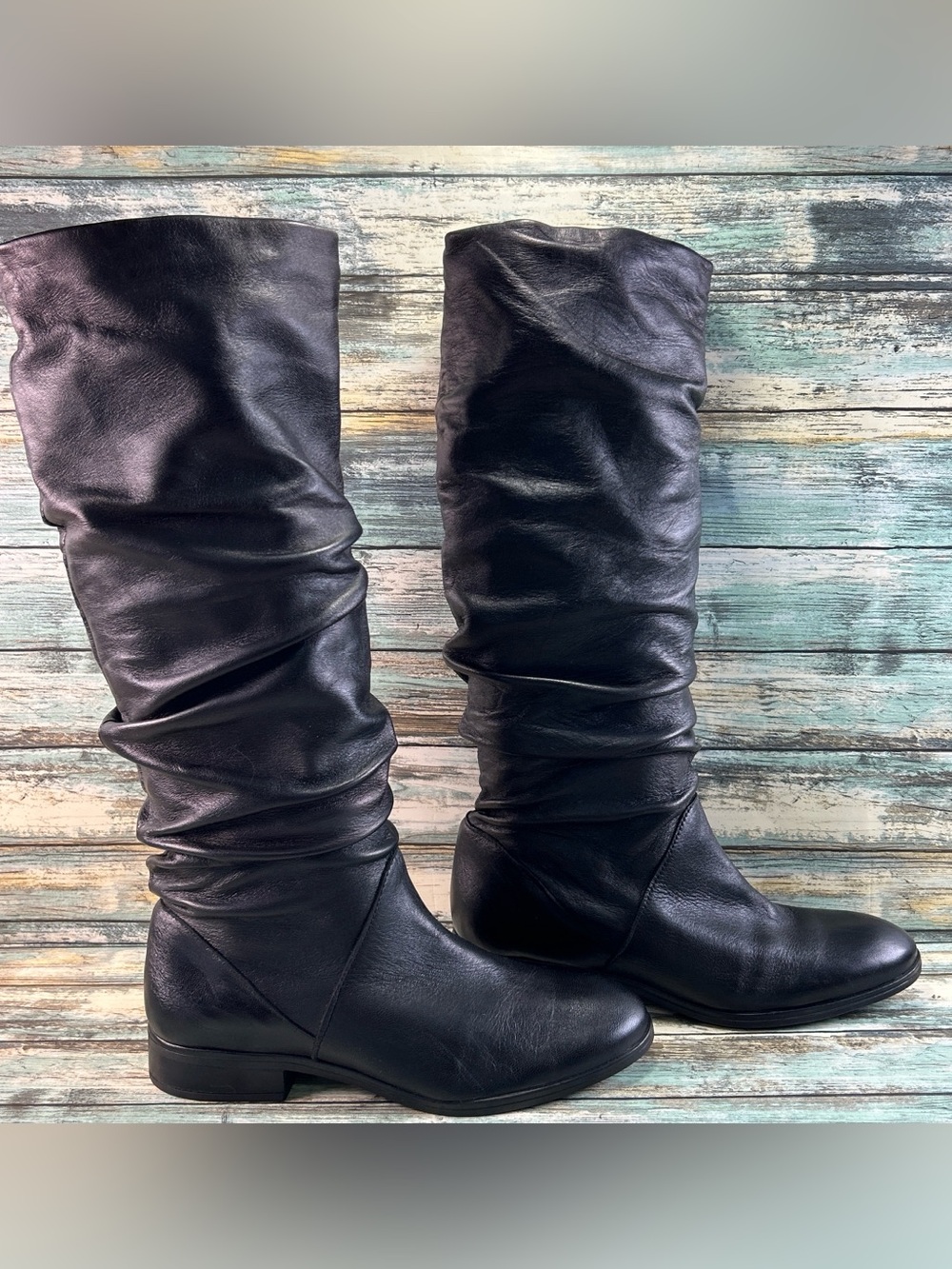 Aldo Knee High Boot Womens Size 6.5 Black Leather Slouch Pull On Flat Block Heel